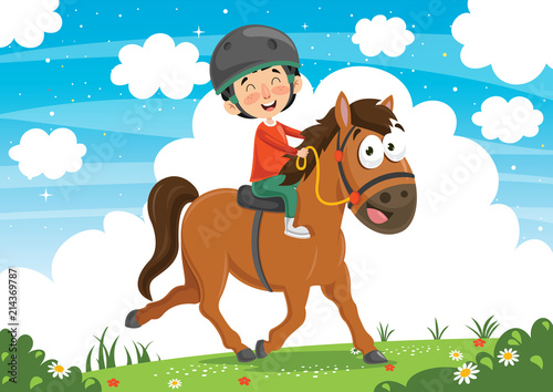 Vector Illustration Of Child Riding Horse