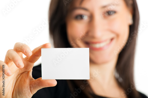 Businesswoman holding a blank business card