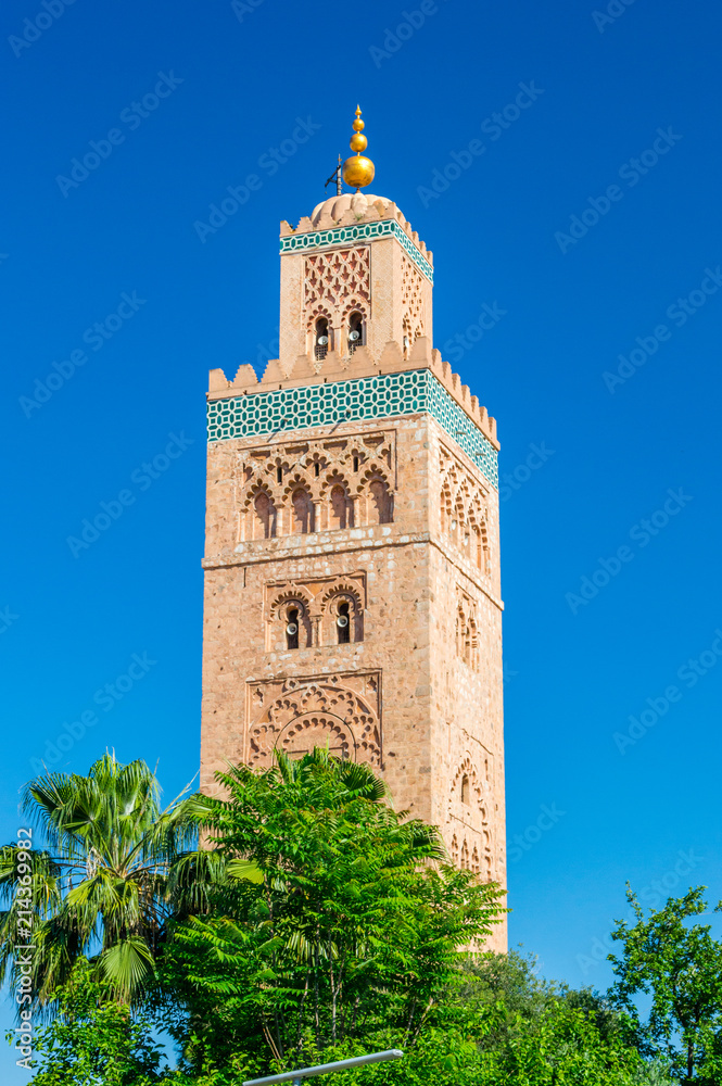 View for the biggest mosque in Marrakech known as Koutoubia Mosque or Kutubiyya Mosque.