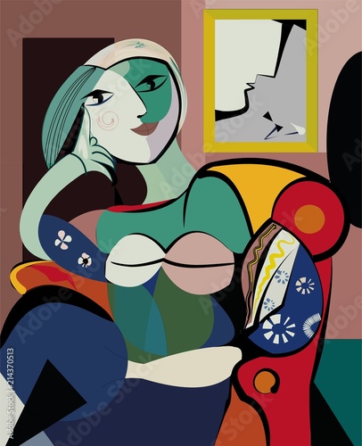 Colorful abstract background, inspired by Picasso, woman in armchair photo