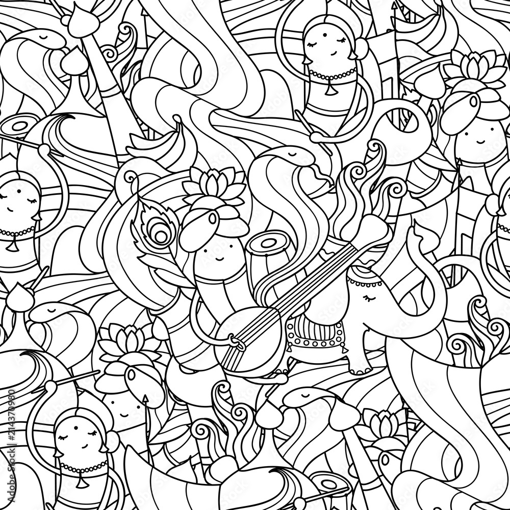 Doodle Indian objects. Festive seamless pattern for coloring book or design about Indian dance Dandiya. Easy to change colors. Vector illustration.