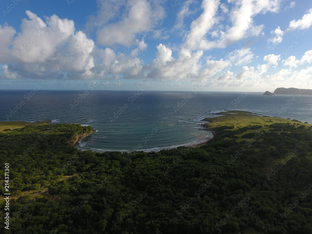 Aerial view of lush green hills off the coast at Saint Lucia island, Caribbean Sea