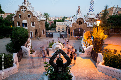 Photography Barcelona Park Gruell architecture at night with people moving long exposure fas