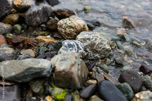 Image of different wet stones on the shore of the sea