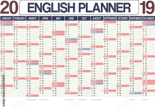 2019 United Kingdom english planner calendar with vertical months, note space and holidays for England, Northern Ireland, Scotland and Wales. 