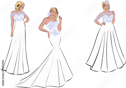 3 elegante glamouröse Bräute in langen Kleidern mit Spitze