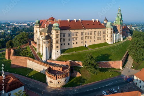 Historic royal Wawel castle and cathedral in Cracow, Poland. Aerial view in sunrise light early in the morning in summer