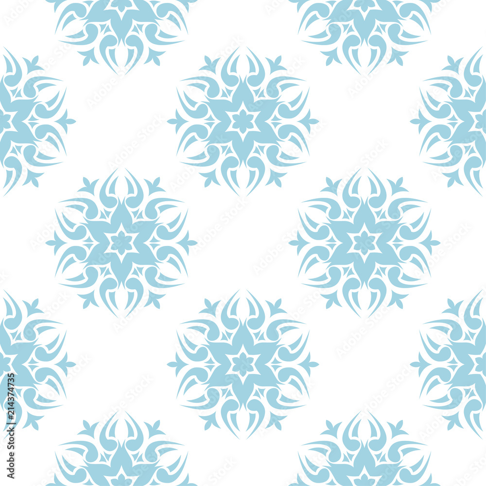 Blue floral ornament on white background. Seamless pattern