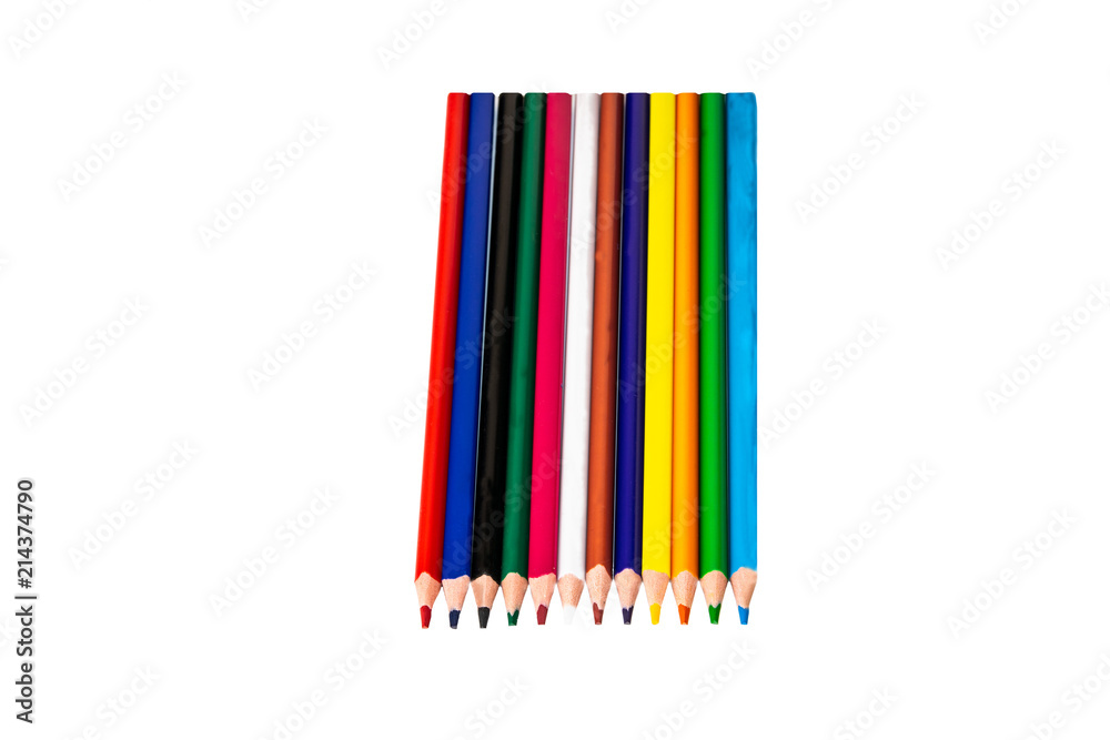 Colorful pencils arranged at a row on a white background. Back to school. Colorful pencils arranged at a row on a white background. Back to school.