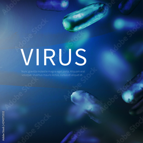 Stock vector illustration horizontal blue background with realistic viruses microorganisms Pandemic disease screensaver medical bacterium Templates for placard banner flyer presentation report