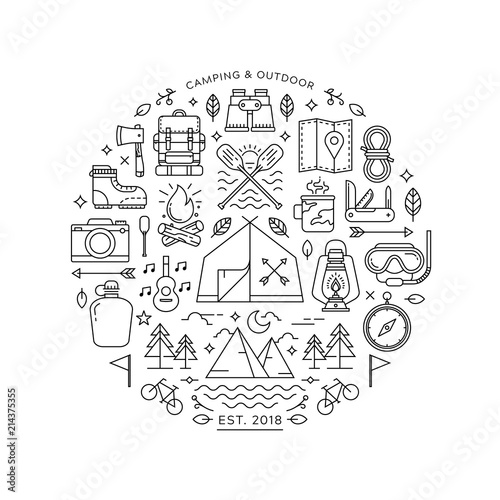 Round design element with Camping and Hiking icons
