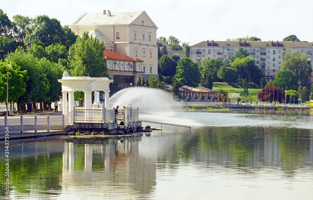 Summer day at city waterfront in Ternopil, Ukraine