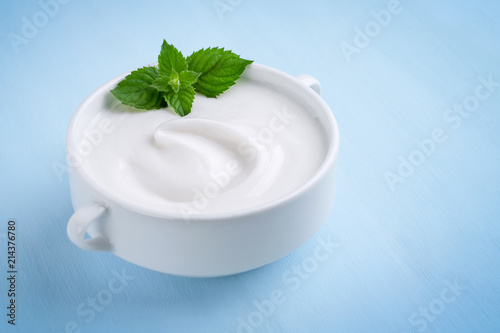 Homemade yogurt with a mint leaf in a white dish