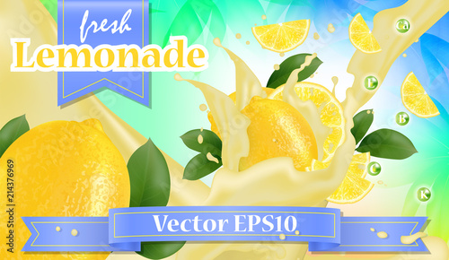 Vector ads 3d promotion banner, Realistic lemon and  fruit splashing with falling slices, juice drops, vitamins, leaves. Mock up for juice, ice cream, yogurt brand advertising. Label poster
