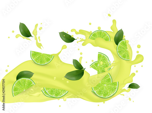 Cocktail realistic milkshake juice. 3d lime, lemon fruit with falling slices and splashing juice. Yogurt milky packaging design elements. Juicy advertising citrus. Vector