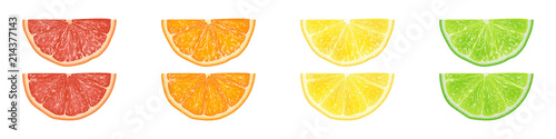 Realistic 3d Vector Illustration Set of sliced  orange, grapefruit, lemon, and lime.  Colourful citrus background.