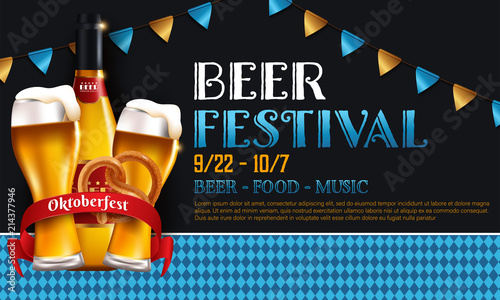 Festive oktoberfest poster with beer barrel sausages wheat mug and party flags on wooden background vector illustration