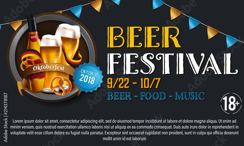 Advertisement poster template of Oktoberfest beer party with different objects related with beer festival. Hand drawn doodle pattern on background