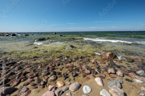 rocky sea beach with waves and sunny day
