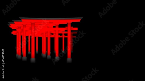 Japanese Torii perspective 3D virtual red color moving layer on black background, seamless looping animation 4K with copy space