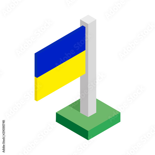 National flag of Ukraine on flagpole drawn in isometric view
