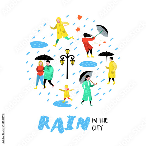 Characters People Walking in the Rain. Cartoons in Raincoats with Umbrella. Autumn Rainy Weather, Fall Season. Vector illustration