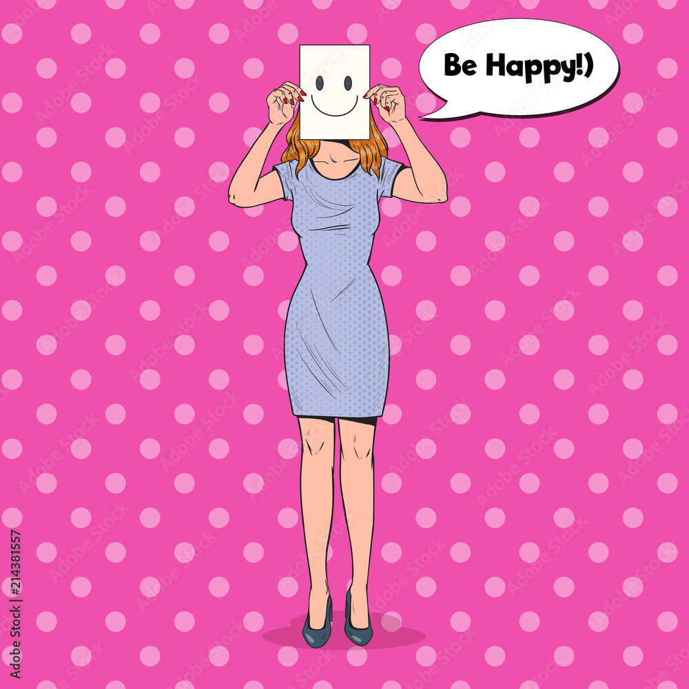 Pop Art Woman with Smiley Emoticon on Paper Sheet. Happy Girl Holding a Smiling Face Emoticon. Vector illustration Pop Art Woman with Smiley Emoticon on Paper Sheet. Happy Girl Holding a Smiling Face Emoticon. Vector illustration
