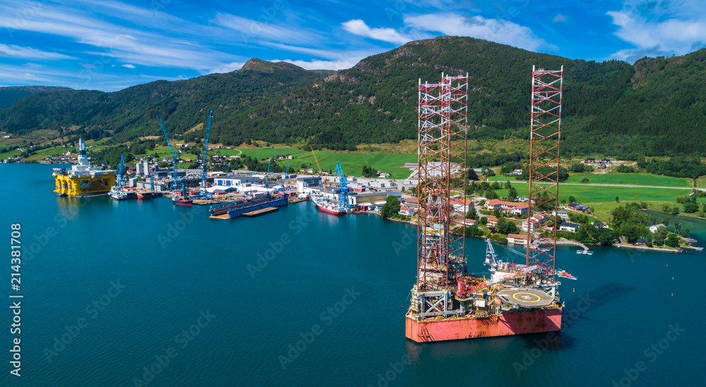 Oil rigs under maintenance near Olen, Norway.