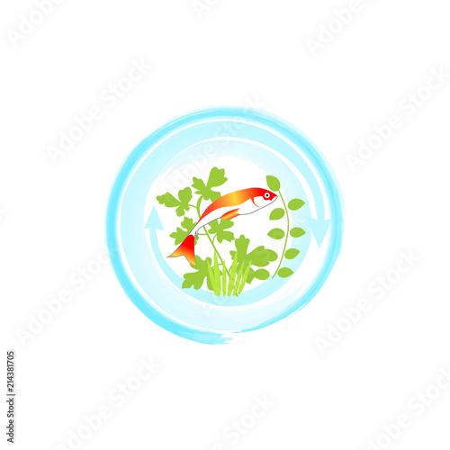Red fish in blue circle. Aquaponics System with Fish icon, logo, sign. Vector.