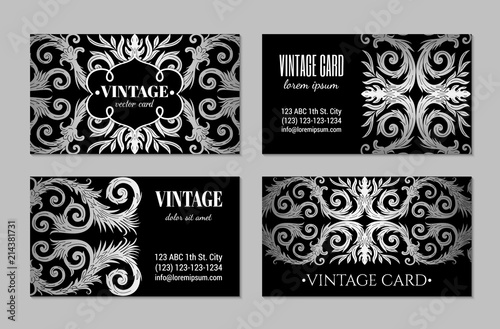 French baroque elegant ornate visiting cards. Luxurious fashionable silver ornamental flyer design. Vintage fancy ornament decoration. Pathetic retro embellishment. EPS 10 vector brochure template