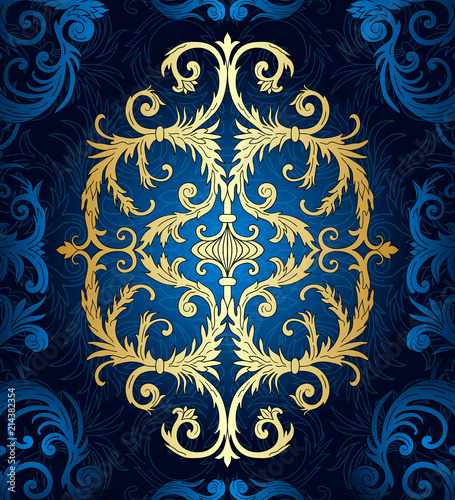 French baroque style elegant ornate background. Luxurious fashionable gold ornamental design. Vintage fancy ornament decoration. Use for event invitation, party flyer, certificates, cards, brochures. 