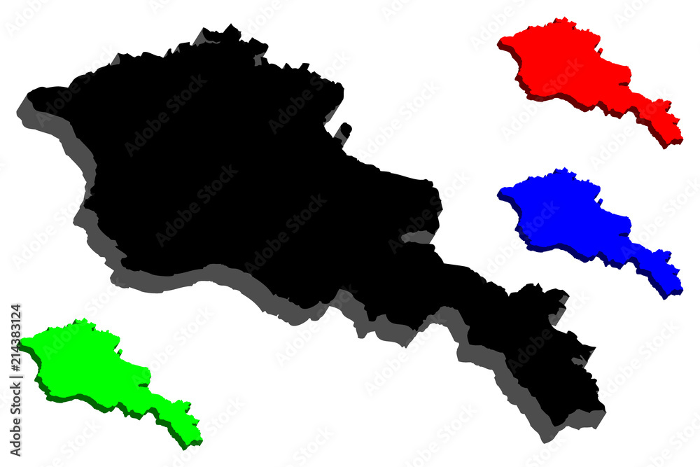 3D map of Armenia (Republic of Armenia) -  black, red, blue and green - vector illustration