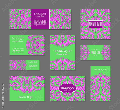 French baroque style elegant ornate visiting cards. Luxurious fashionable ornamental flyer design. Vintage fancy ornament decoration. Pathetic retro embellishment vector brochure template	