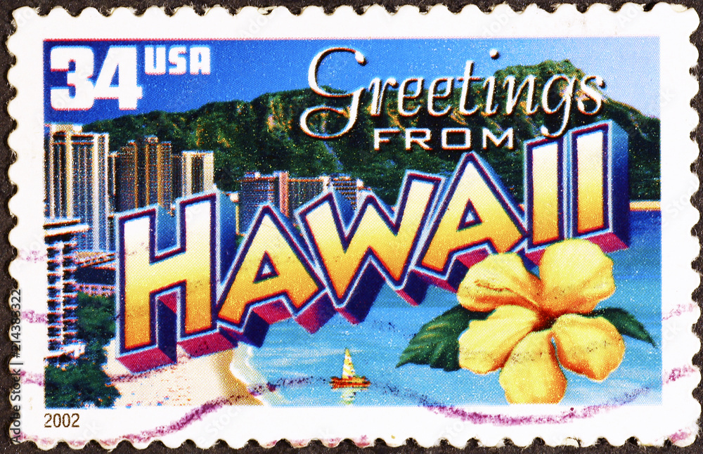 Greetings from Hawaii postcard on postage stamp Stock Photo