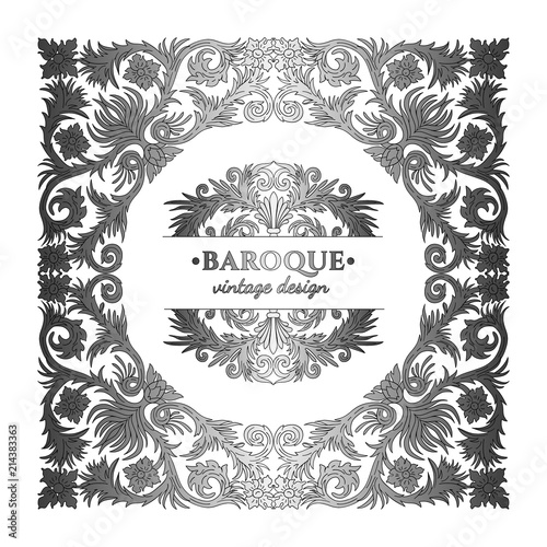 Baroque style silver ornament design. Retro ornamental gradient metallic background. Baguette frame. Vintage decorative pattern. Antique graphic border. EPS 10 vector illustration.