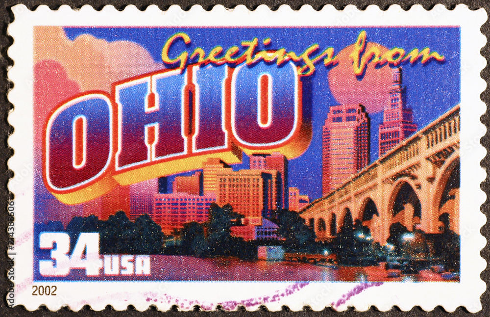 Greetings from Ohio postcard on postage stamp