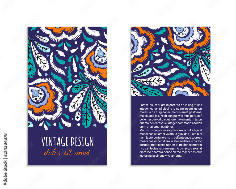 Obraz premium Embroidery style flyer with bright colorful flower and leaf pattern. Ethnic ornamental blanks. Rustic design brochures inspired by russian khokhloma ornament. EPS 10 vector. Clipping masks