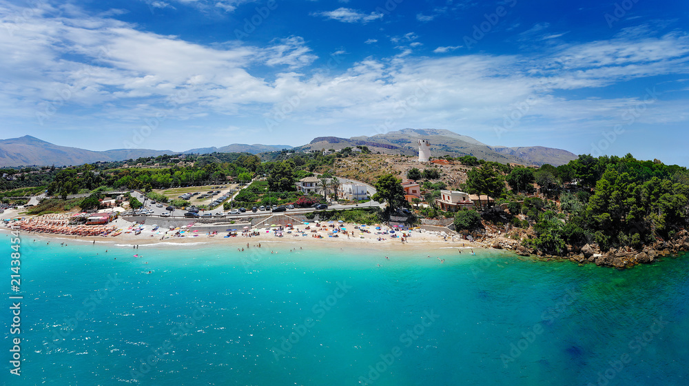 Bird View Panorama with Guidaloca beach. Scopello, Castellammare del Golfo, Sicily, Italy. Nature, Parks, Outdoor Activities, Beaches