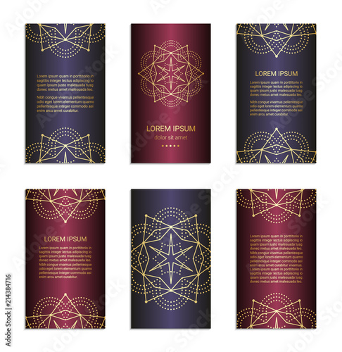 Vintage style metallic flyer set inspired by sacred geometry. Vertical blanks with golden sacral geometric signs. Line art brochure pattern. Clipping masks. Ornamental star design leaflet. EPS 10