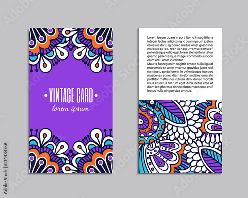 Indian style bright colorful mehendi ornament flyer. Front and back pages. Ornamental vertical blank with ethnic motifs. Paper brochure template. Oriental design concept. EPS 10 vector illustration.