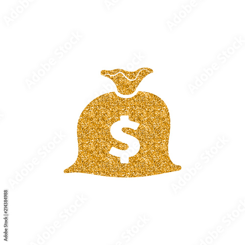 Money sack icon in gold glitter texture. Sparkle luxury style vector illustration.