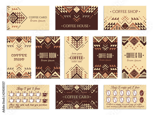 Visit card design set with loyalty program for coffee shops, tea houses and rooms in african style. Vertical, horizontal layouts. Ethnic design ornament. EPS 10 vector template collection.