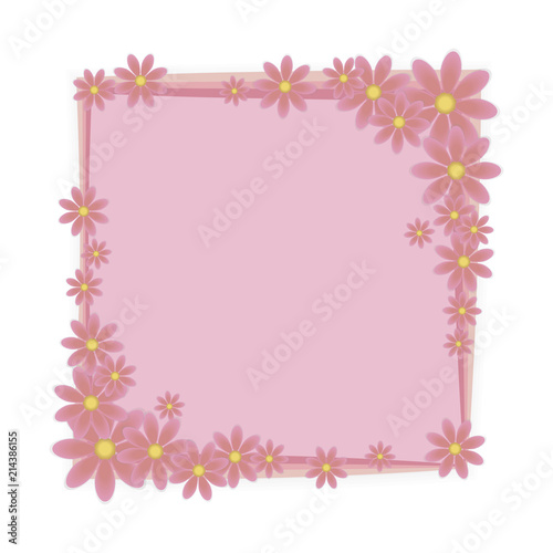 A vector square frame of pink color with a composition of flowers with yellow centers in the corners of an object isolated on a white background.