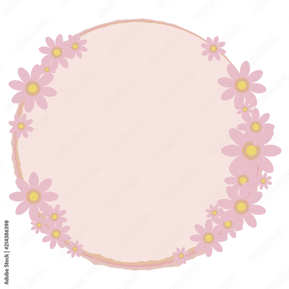 Round frame wreath of pink color with a composition of flowers vector object isolated on white background.