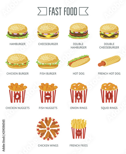 Fast food icon set. Flat design. Vector