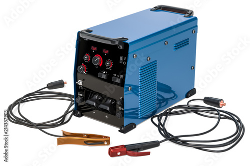 Welding machine with stick electrode holder, work cable and clamp, 3D rendering