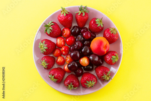 Fruit on a plate on a yellow background.
