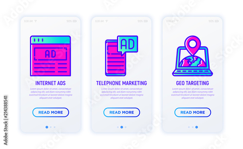 Advertising thin line icons set: internet ads, telephone marketing, GEO targeting. Modern vector illustration for user mobile app