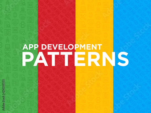 Four different app development seamless patterns with thin line icons: writing code, multitasking, smart watch app, engineering, updates, cloud database, testing, settings. Vector illustration.