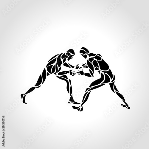 Greco roman sport  fighting game. Vector Black and White Freestyle Wrestling Illustration